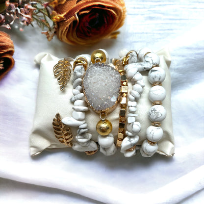 Natural Howlite Chips & Clear Quartz Crystal Bracelet Set