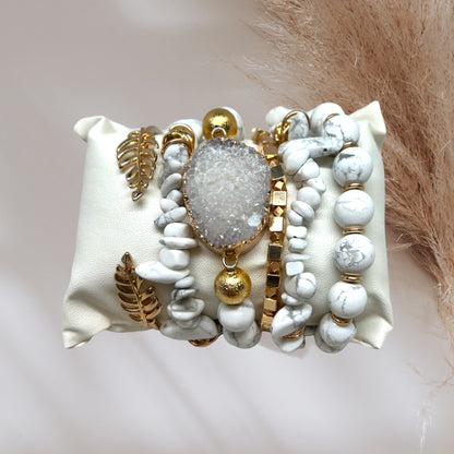 Natural Howlite Chips & Clear Quartz Crystal Bracelet Set