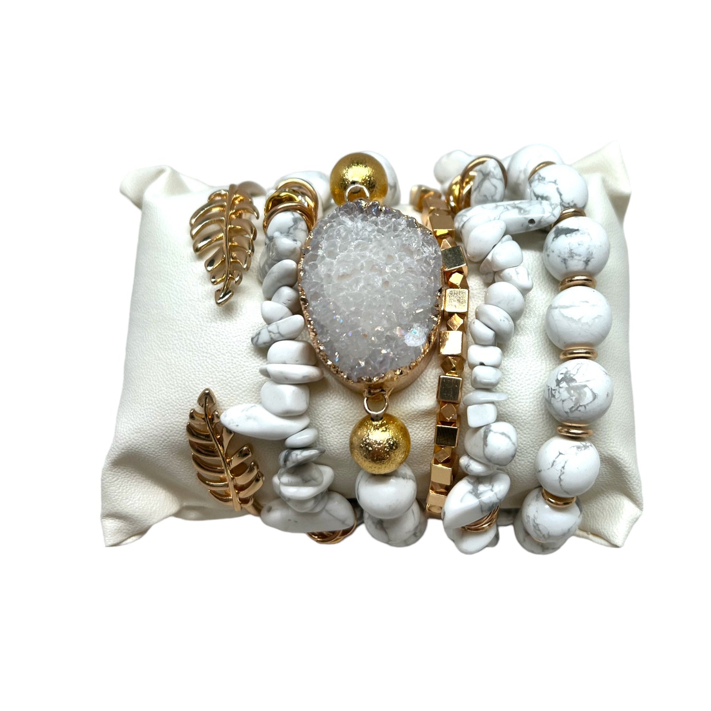 Natural Howlite Chips & Clear Quartz Crystal Bracelet Set